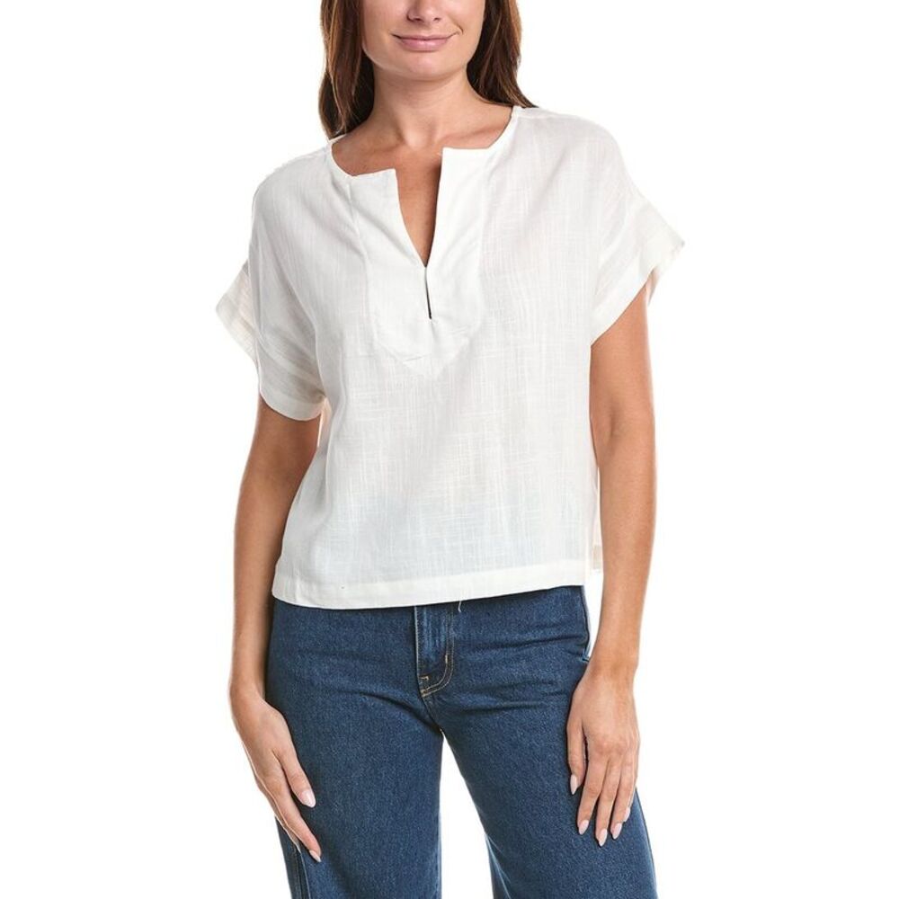Max Studio Womens  Short Sleeve Split Neck Linen-Blend Top, White